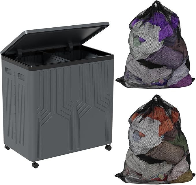 120 L Double Plastic Laundry Hamper with Wheels, Collapsible 2 Section Laundry Hamper with Lid, Grey