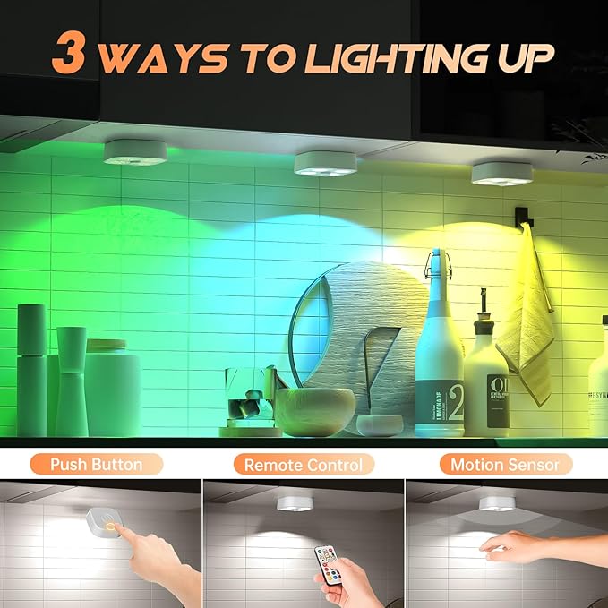 Wireless Step Light Rechargeable Puck Lights with Charging Station, RGB Motion Sensor Puck Light Under Cabinet Lighting with Remote Control, LED Closet Lights for Stair, Kitchen (6 Pcs)
