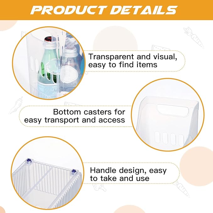 4 Pcs Plastic Freezer Organizer Bins with Wheel Tall Narrow Kitchen Pantry Organizer Snack Storage Containers for Office Refrigerator(10 x 13.3 x 5.5 Inch)