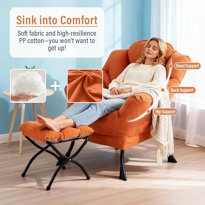 Lazy Chair with Ottoman, Modern Chair with Folding Footrest, Lounge Accent Chair, Comfortable Reading Chair, Oversized Armchairs for Bedroom, Study, Living Room, Courtyard, Orange