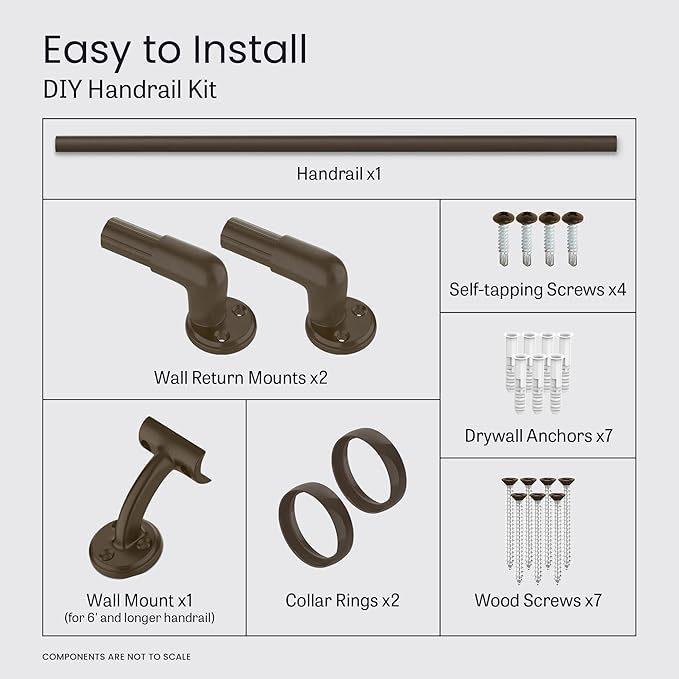 Meranti Aluminum Handrail for Stairs - ADA Compliant Wall Returns - Handrails for Indoor Stairs - Metal Handrail, Powder Coated for Outdoor Environment, DIY Handrail Kit (WHR, Bronze Textured, 6' L)