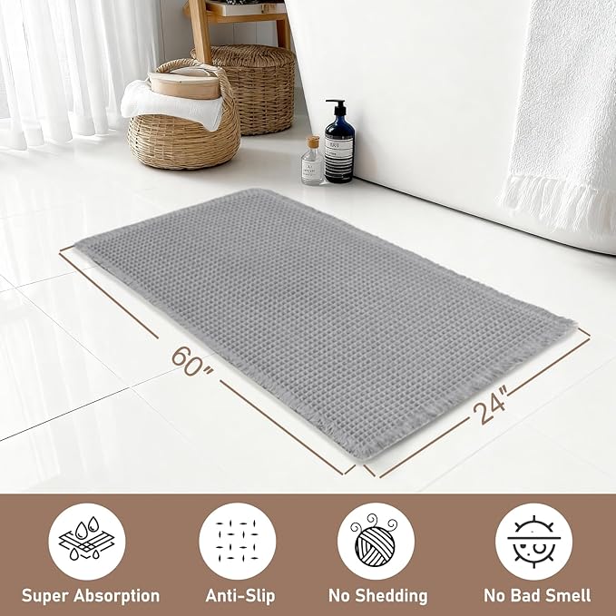 Hiasan Waffle Bath Mat, Super Absorbent Non Slip Bathroom Boho Rug with Tassels, Machine Washable Bath Mats for Bathroom, Ultra Soft Rubber Backed Rug, Grey, 24 x 60 Inches