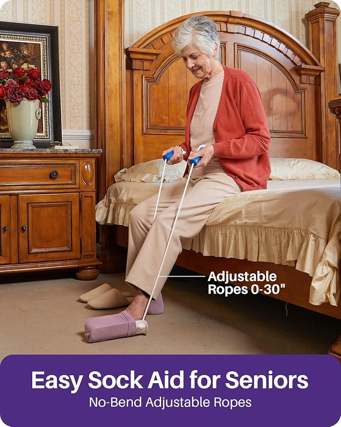 KEKOY 4INCH Sock Aid for Putting on Socks, Sock Assistant Device No Bending with Foam Handles & Long Rope, Sock Helper/Puller Aid Easy Put on for Seniors, Disabled, After Surgery Recovery(White)
