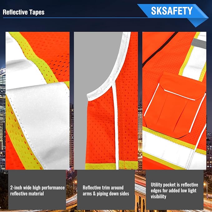 SKSAFETY 10 Pockets Professional Safety Vest, Class 2 Hi Vis Vest with Zipper, Reflective Strips, ANSI/ISEA Standard - Orange, 2XL