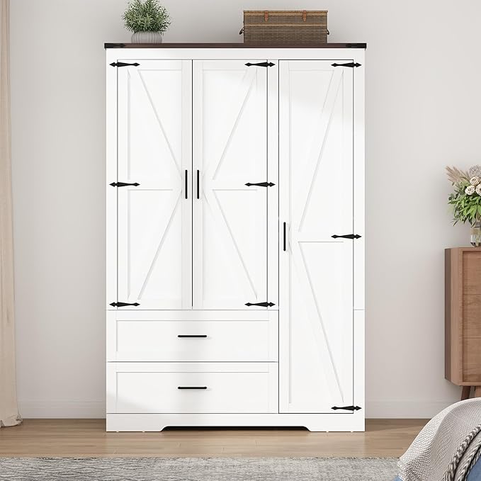 3 Doors Wardrobe Armoire Closet with Doors and Drawers, Farmhouse Wooden Armoire Storage Cabinet with Shelves & Hanging Rod for Bedroom, White