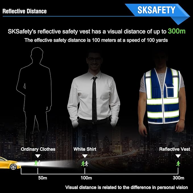 SKSAFETY 10 Pockets Safety Vest, Class 2 High Visibility Security with Zipper, Hi Vis Vest with Reflective Strips, ANSI/ISEA Standard, Construction Work Vest for Men ＆ Women （Blue, L）