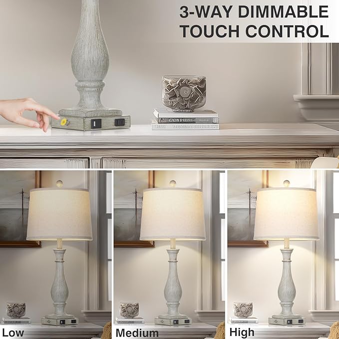 27.5" Grey Farmhouse Lamps Set of 2, Vintage Living Room Table Lamps with USB C+A Ports & AC Outlet, 3-Way Touch Control Bedside Lamp, Rustic Resin Bedroom Lamp for Nightstand Side Table Desk