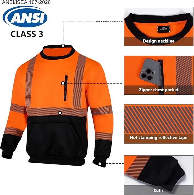 VENDACE Hi Vis Safety Sweatshirts for Men Reflective ANSI Class 3 High Visibility Construction Work Crew Sweatshirt No Hood