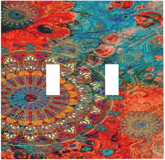 Abstract Ombre Colorful Indian Mandala 2 Gang Light Switch Plate Cover Double Toggle Wall Plate Decorative Switchplate Electrical Faceplate for Livingroom Bedroom Bathroom Decor