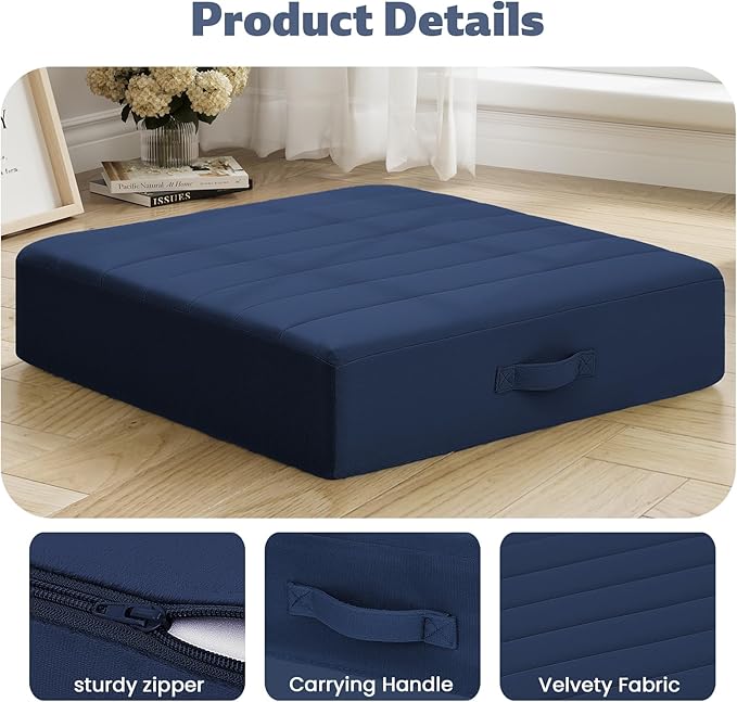 MeMoreCool Square Floor Pillows for Adults Kids, 2 Sets Large Meditation Cushion with 5" Thick Foam and Washable Tufted Cover, 24 Inch Navy Seat Floor Cushions for Sitting and Yoga