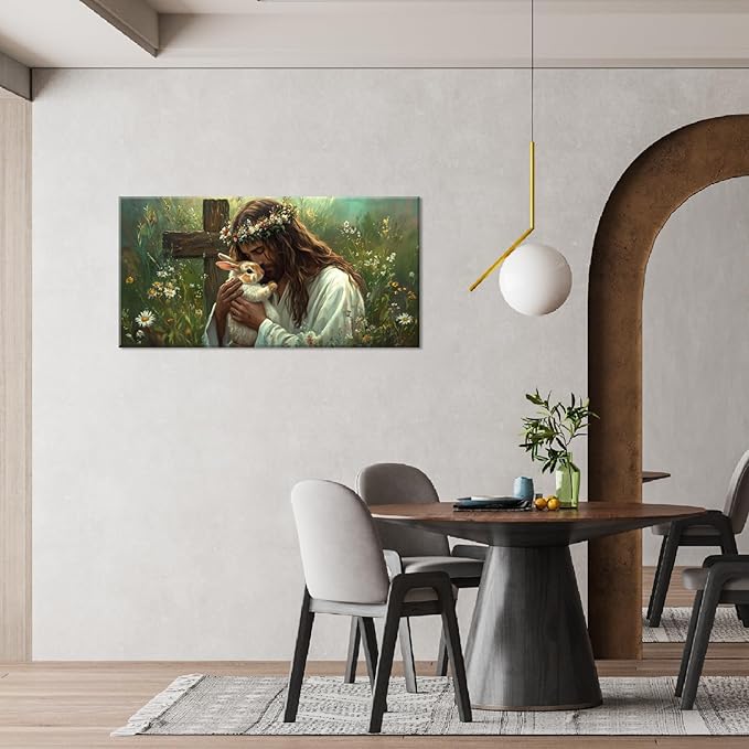 Green Jesus Love Wall Art for Living Room Canvas Painting Prints GOD Embrace Rabbit Bunny Spiritual Faith Crucifix Cross Vintage Art Deco Spring Artwork Office Bedroom Farmhouse Decor Large