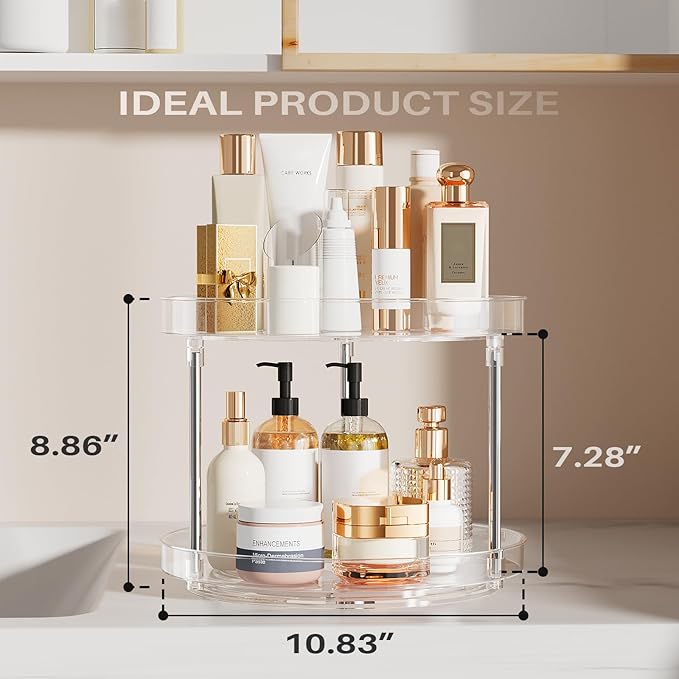 2 Pack 10.6-Inch 2 Tier Lazy Susan Organizer, 360 Degree Rotating Clear Turntable for Cabinet, Makeup and Perfume Organizer for Vanity, Kitchen, and Bathroom Counter Tray