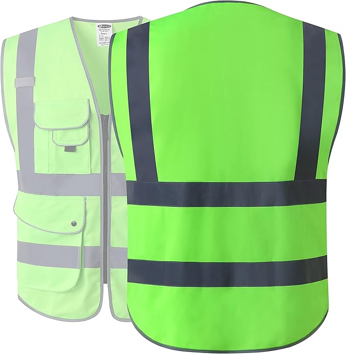 JKSafety 9 Pockets Class 2 High Visibility Zipper Front Safety Vest With Reflective Strips, Meets ANSI/ISEA Standards (Medium, 150-Green)