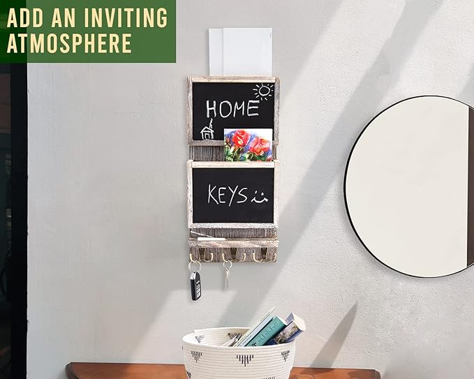Rustic 2-Slot Mail Sorter Organizer for Wall with Chalkboard Surface & 3 Double Key Hooks - Wooden Wall Mount Mail Holder Organizer – Wall Décor for Entryway made of Paulownia Wood - Rustic White