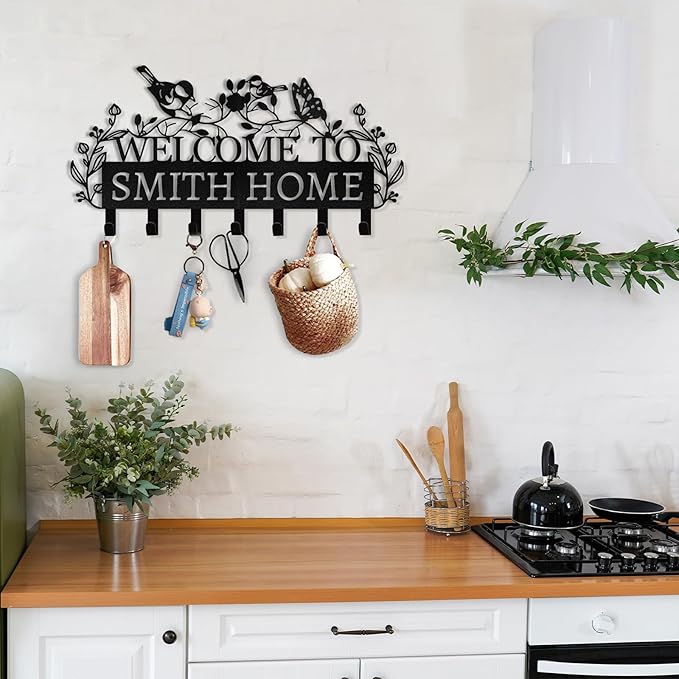 Personalized Key Holder for Wall - Custom Name Metal Wall Key Hanger - Welcome to My Home - Key Rack Holder Wall Mount for Living Room Bedroom Doorway Hallway, Unique Housewarming Gift
