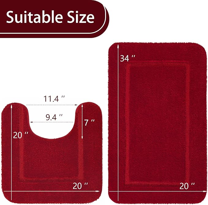 LOCHAS Bathroom Rug Set Red, Soft Bath Rug Set 2 Piece Set, Toilet Mat U-Shaped 20x20 and 34x20 Bath Rugs, Quickly Dry Mats for Bathroom, Tub, Washable, Super Absorbent Floor Mat
