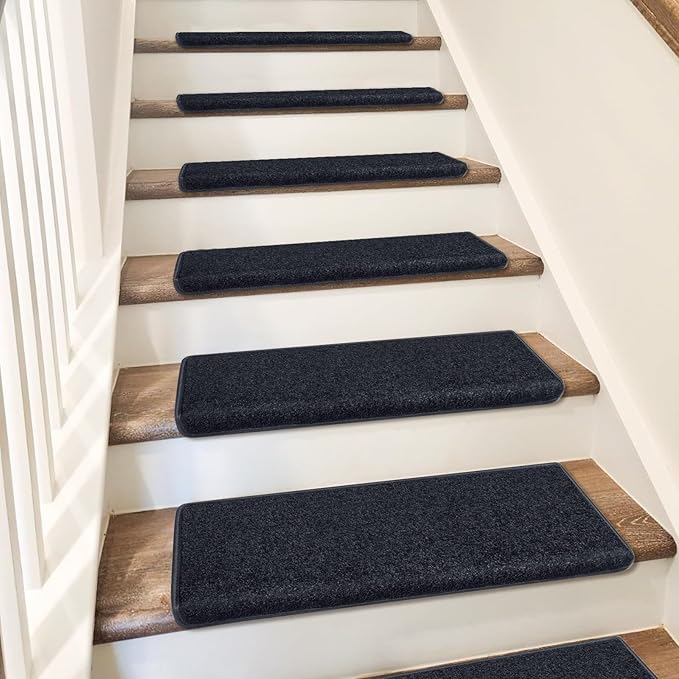 PURE ERA Bullnose Carpet Stair Treads Set Tape Free Non-Slip Indoor Stair Protectors Pet Friendly Rugs Covers Soft Skid Resistant Washable Reusable 9.5" x 30"(7 Pieces,Black)