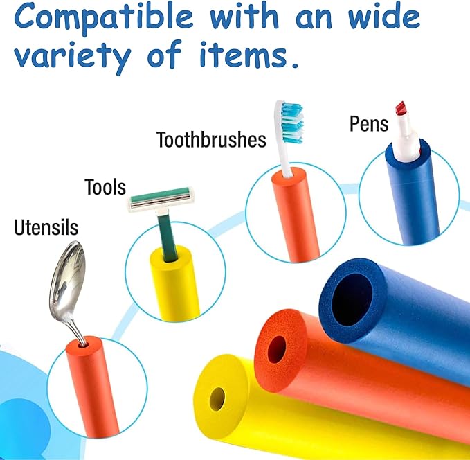 ATAH Foam Grip Tubing – 3 Adaptive Sizes | Non-Slip Soft Foam for Built up Handles | Grip Aid for Utensils, Tools, and Pens for Elderly, Disabled, Arthritis, and Weak Grip – (Set of 9, Multi-Color)