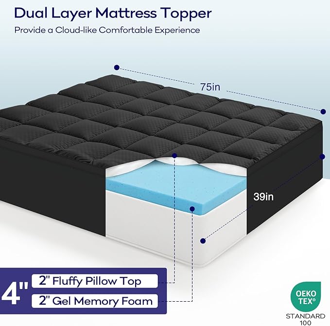 OLANLY Dual-Layer 4 Inch Twin Size Memory Foam Mattress Topper for Back Pain, 2 Inch Cooling Pillow Top Mattress Pad Cover and 2 Inch Gel Memory Foam Topper, Deep Elastic Pocket, Black