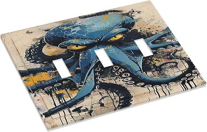 Decorative Switch Plates Nautical Vintage Blue Octopus Yellow Eyes Oil Watercolor 3 Gang Wall Plate Triple Toggle Light Switch Cover Faceplate Electrical Wall Panels for Kids room
