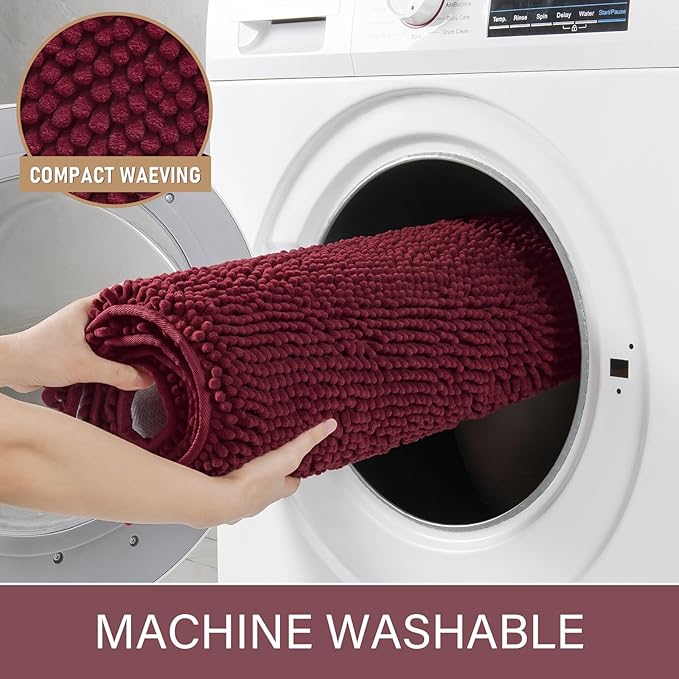 LOCHAS Luxury Bathroom Rug Shaggy Bath Mat 24 x 60 Inch, Washable Non Slip Bath Rugs for Bathroom Shower, Soft Plush Chenille Absorbent Carpets Mats, Burgundy