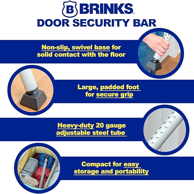 BRINKS Door Security Bar - Adjustable Brinks Door Security Bar for Travel, School, Dorm and Home - Door Jammer for Hinged Doors and Sliding Door Security – Black