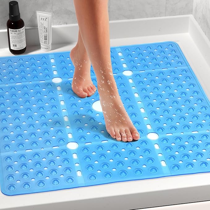 Large Square Shower Mat 27 x 27 Inch Clear Blue, Non Slip Shower Bathtub Mats for Inside Shower with Big Suction Cups Drain Holes, Anti Slip Bathroom Floor Stall Mats, Easy Clean, BPA-Free