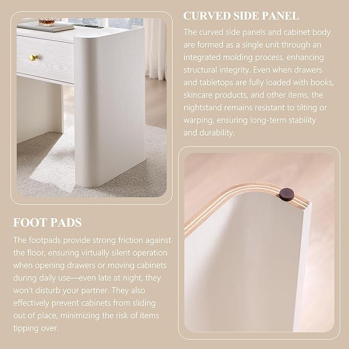 23.6" Tall Modern Nightstand Set of 2, 22" Wide Curved Bedside Table with Charging Station, Wooden Night Stand with 1 Storage Drawer, Large End Table for Bedroom, Living Room, White