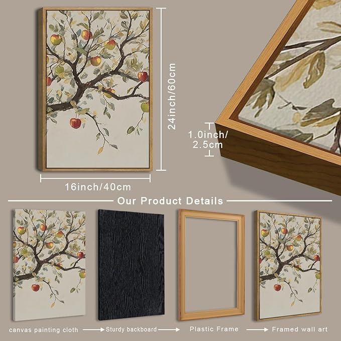 IAPTTOP Large Neutral Botanical Wall Art 16x24 Inch Beige Fall Wood Tree Canvas Wall Decor Rustic Farmhouse Leaves Wall Painting Art Print for Kitchen Living Room Set of 3