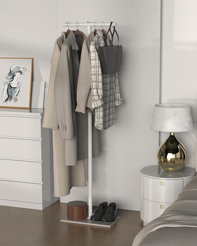 T-shaped Coat Rack Freestanding, Modern Clothes Rack with Rock Slab Base, Heavy-duty Metal Coat Tree for Boutiques, Hallway, Entryway, 68.9 Inches High, White, GYJ001W