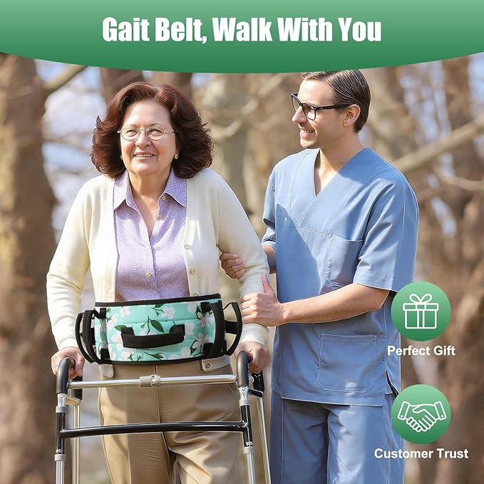Rhino Valley Gait Belt Transfer Belt for Senior with 7 Handles, 59" Anti-Slip Transfer Belt for Elderly, Lift Belt with Quick Release Buckle, Medical Nursing Safety Patient Assist, Green Lily