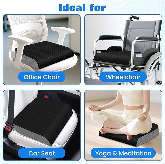 Seat Cushion, Memory Foam Chair Pad, Non-Slip Cushion for Office, Home, Car, Large Desk Chair Cushion, Washable Cover & Handle, Large, Black