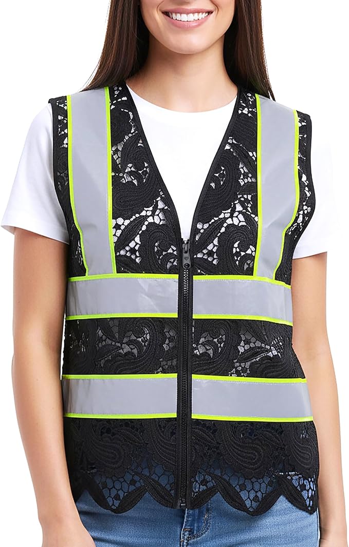 Lace-Mesh Safety Vest for Women & Men - Breathable, High Visibility Vest with Zipper & ANSI Class 2 Reflective Strips