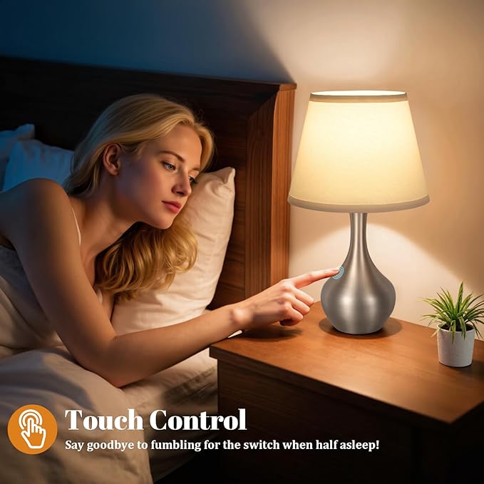Seealle Touch Table Lamps for Nightstand, 3-Way Dimmable Small Bedroom Lamps for Night Stands, Silver Bedside Lamps for Living Room, Kids Room, End Table(LED Bulb Included)