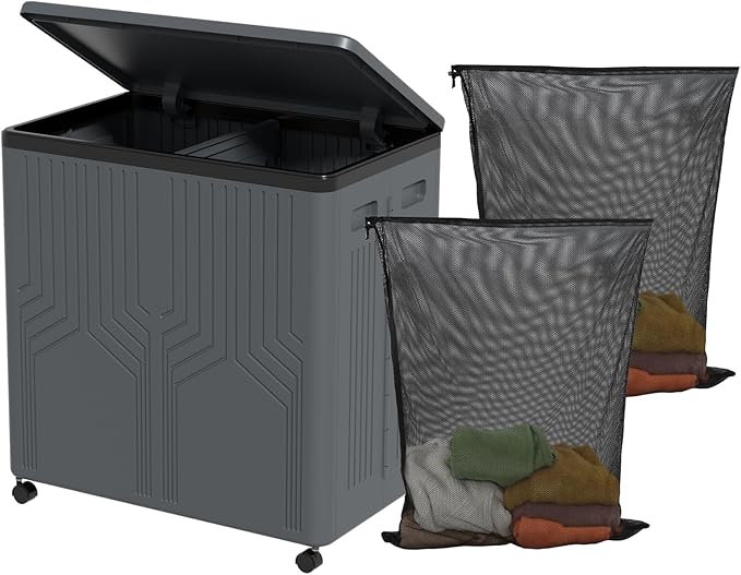 130 L Large 2 Section Laundry Hamper, Plastic Rolling Laundry Basket with Wheels, Grey