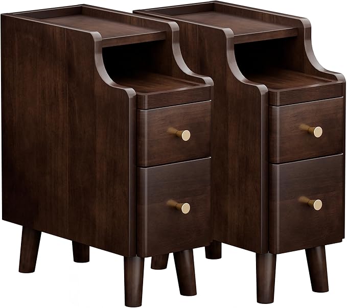 Narrow Nightstand with Drawers, Pre-Assembled Solid Wood Small Skinny Night Stand with Open Sliding Shelf Slim Bedside Table for Bedroom, Slim Side Table (2, Black Walnut, 8")
