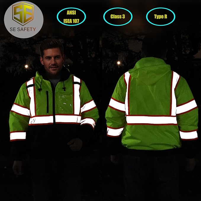 sesafety Reflective Jacket for Men, High Visibility Jackets, Safety Jackets for Men, Hi Vis Construction Bomber Jackets Waterproof with Pockets and Zipper, Black Bottom, Class 3