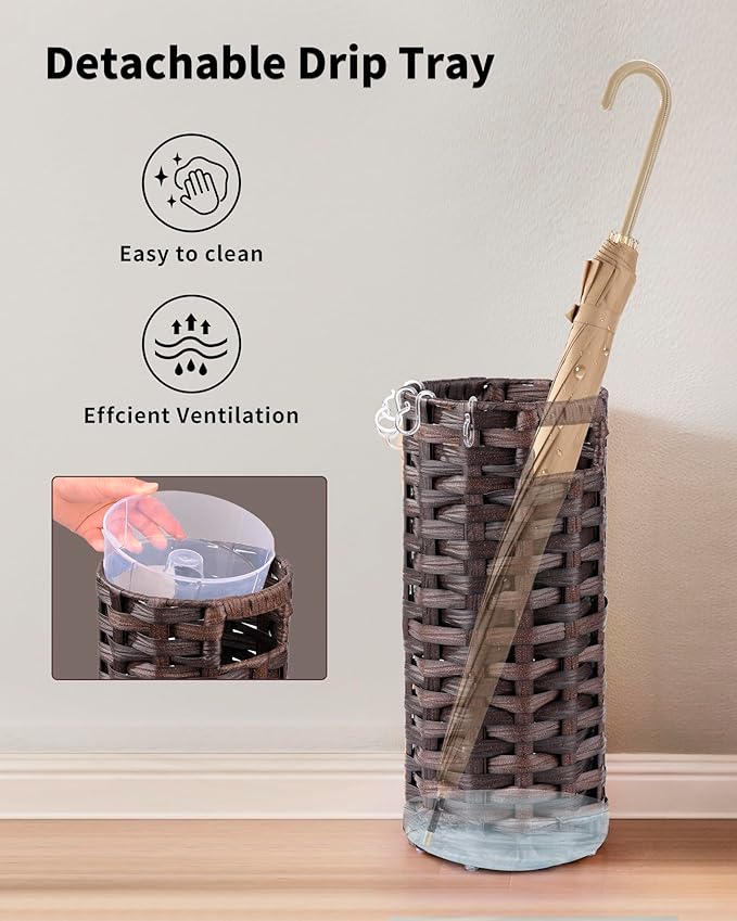 Rattan Umbrella Stand, Umbrella Holder for Entryway, Hand Woven Umbrella Rack Organizer Freestanding, with a Detachable Drip Tray, 4 Hooks, 7.5" L x 7.5" W x 16.5" H, Brown