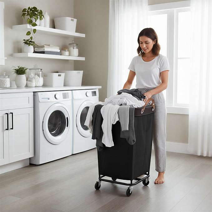 StorageWorks 160L Laundry Basket with Wheels, Large Rolling Hampers for Clothing Organizer, Dirty Clothes Basket for Hotel, Home, Closet, Dorm, Black