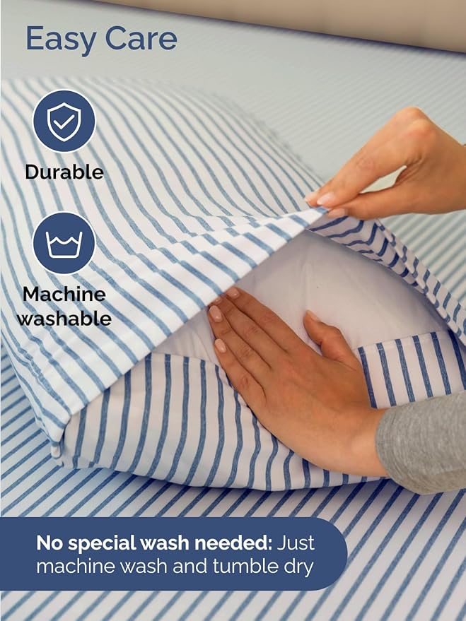 Extra Deep Split King Sheet Set - 7 Piece Breathable & Cooling Sheets - Hotel Luxury Bed Sheets Set - Easy Fit - Soft, Wrinkle Free & Comfy Sheets Set - Blue Striped Sheet Set w/Extra Deep Pockets
