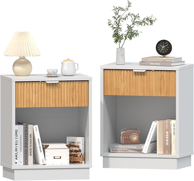 Fluted Night Stand Set 2, Large Wood Bedside Table Set of 2 Nightstands Set of 2 with Drawer and Storage Shelf for Bedroom, Small Spaces