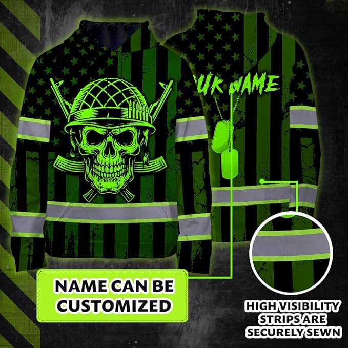 Matedecor Skull US Flag Reflective High Visibility Hoodie For Men Construction Hi Vis Safety Workwear Custom Name