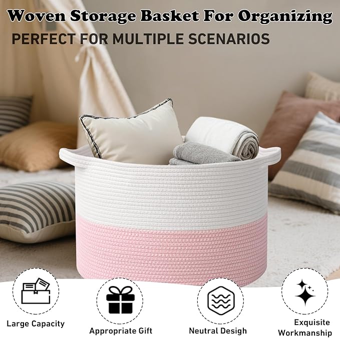 Large Storage Basket with Handle,23.6" x 23.6" x 15.7" Blanket Basket Storage Bins for Organizing,65L Cotton Rope Woven Baskets for Living Room, Nursery ,Bedroom,White&Pink