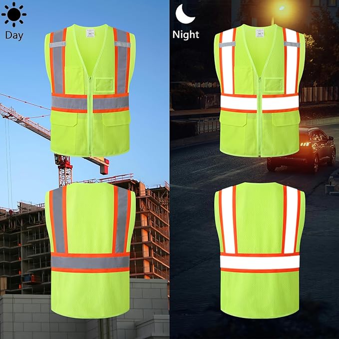 Reflective Safety Vest for Men Women Hi Vis Vest with Pockets High Visibility Vest Mesh Construction Vests Meets ANSI/ISEA Standards (Yellow-33, Medium)