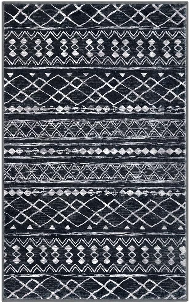 KUTA Boho Moroccan 3x5 Entryway Rug, Black Non-Slip Washable Low-Pile Living Room Area Rug, Ultra Soft Distressed Geometric Print Throw Carpet for Entrance, Bedroom, Nursery, Dorm, Kitchen