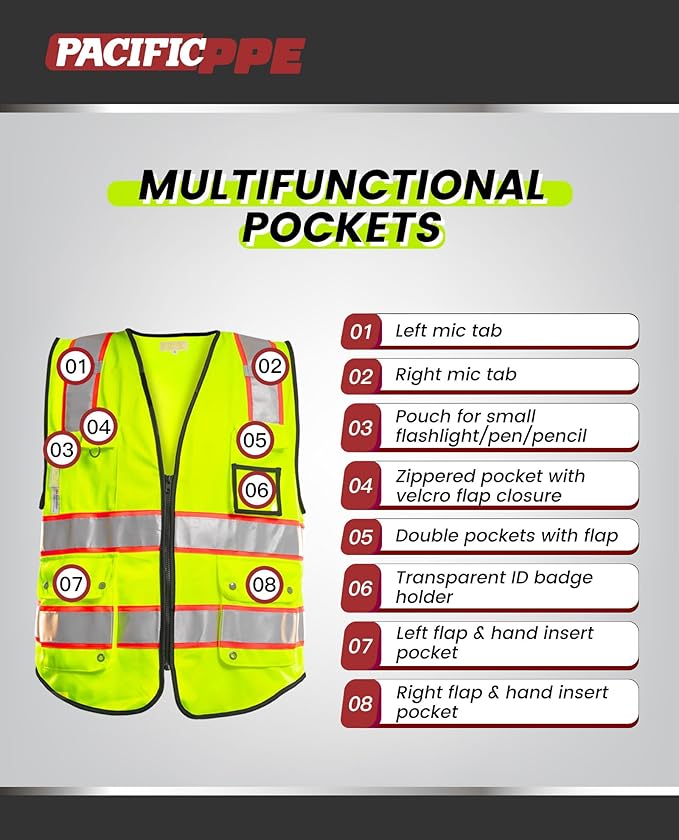 PACIFIC 10 Pockets Safety Vest for Men, 3M High Visibility Reflective Strips with Pockets and Zipper, ANSI Class 2, Yellow, Large