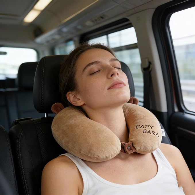 U Shape Travel Pillow - Capybara Plush 2 in 1 | Neck Support Cushion for Children Adults | Airplane Sleeping Pillow for Car Camping Office Road Trip Home | Soft Travel Comfort Accessory