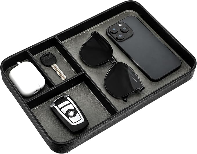 Leather Tray, Stylish and Organized Multifunctional Tray, for Table Entryway, Premium PU Leather, Catchall Trays for Keys, Watch, Wallet, Jewelry, and More (Black Frame)