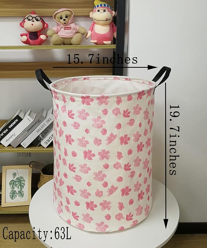 19.7 Inch Pink Flower Laundry Clothes Hamper Laundry Basket with Handles,Storage Organizer Bins Laundry Gift Basket for Room, Bedroom Decor