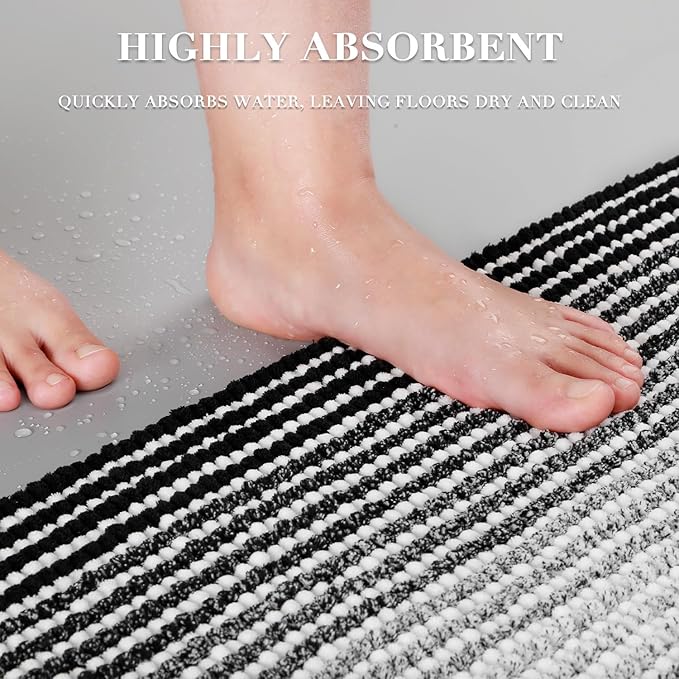 BSICPRO Bathroom Rugs Sets 3 Piece, Large Toilet Rugs U-Shaped Chenille Shower Mat, Non-Slip Absorbent Bath Floor Mats, Black